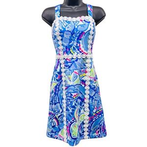 Lilly Pulitzer Mila Shift Dress Blue Pink High Tide Lace Trim Size 2 29251
